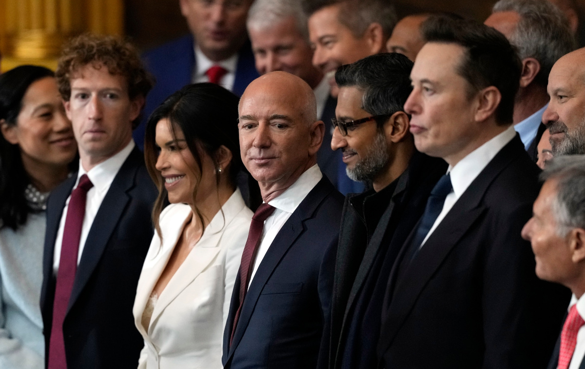 Mark Zuckerberg, Jeff Bezos, Sundar Pichai and Elon Musk attending the second inauguration of Donald Trump